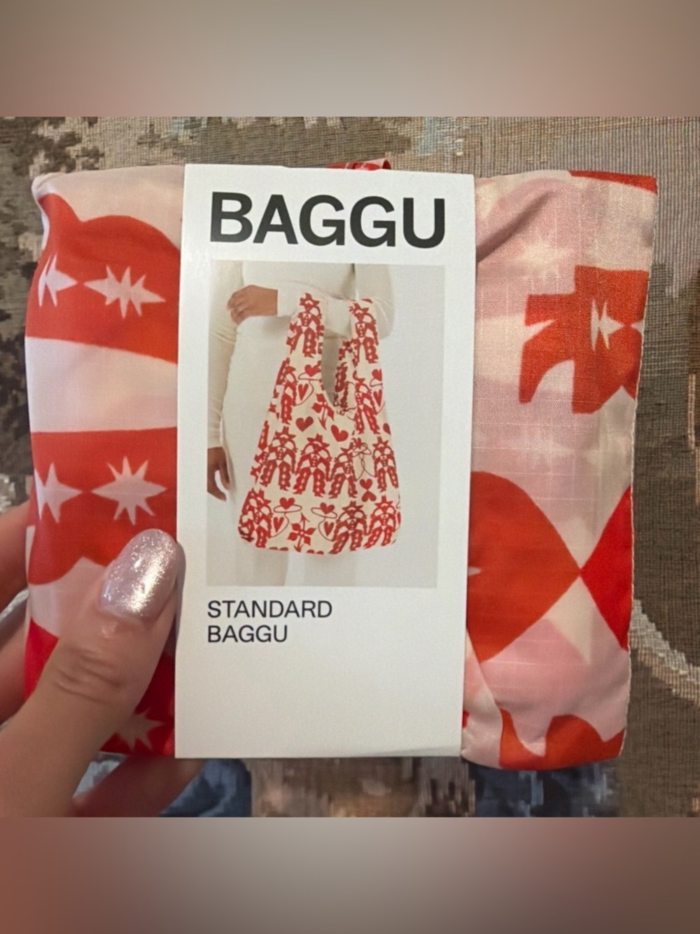 BAGGU Red and White Patterned Bag